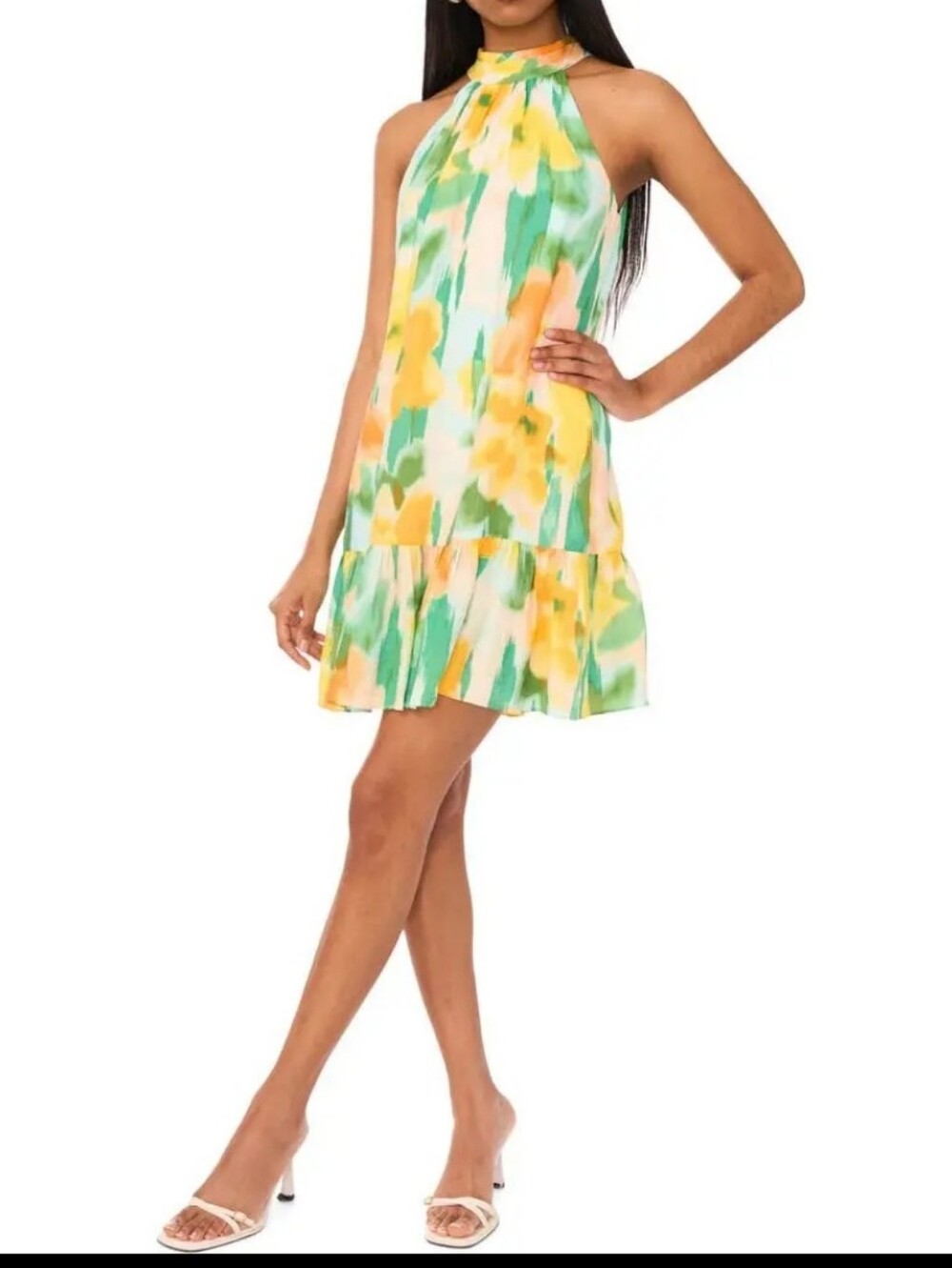 1.State High Neck Halter Watercolor Floral Airy Dress